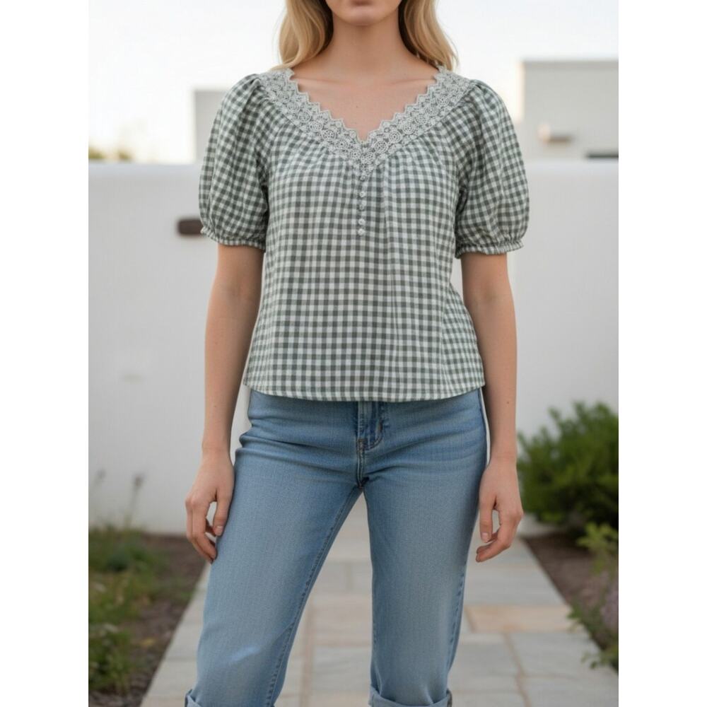 Madewell Gingham Puff Sleeve Eyelet Linen Blend Top XS